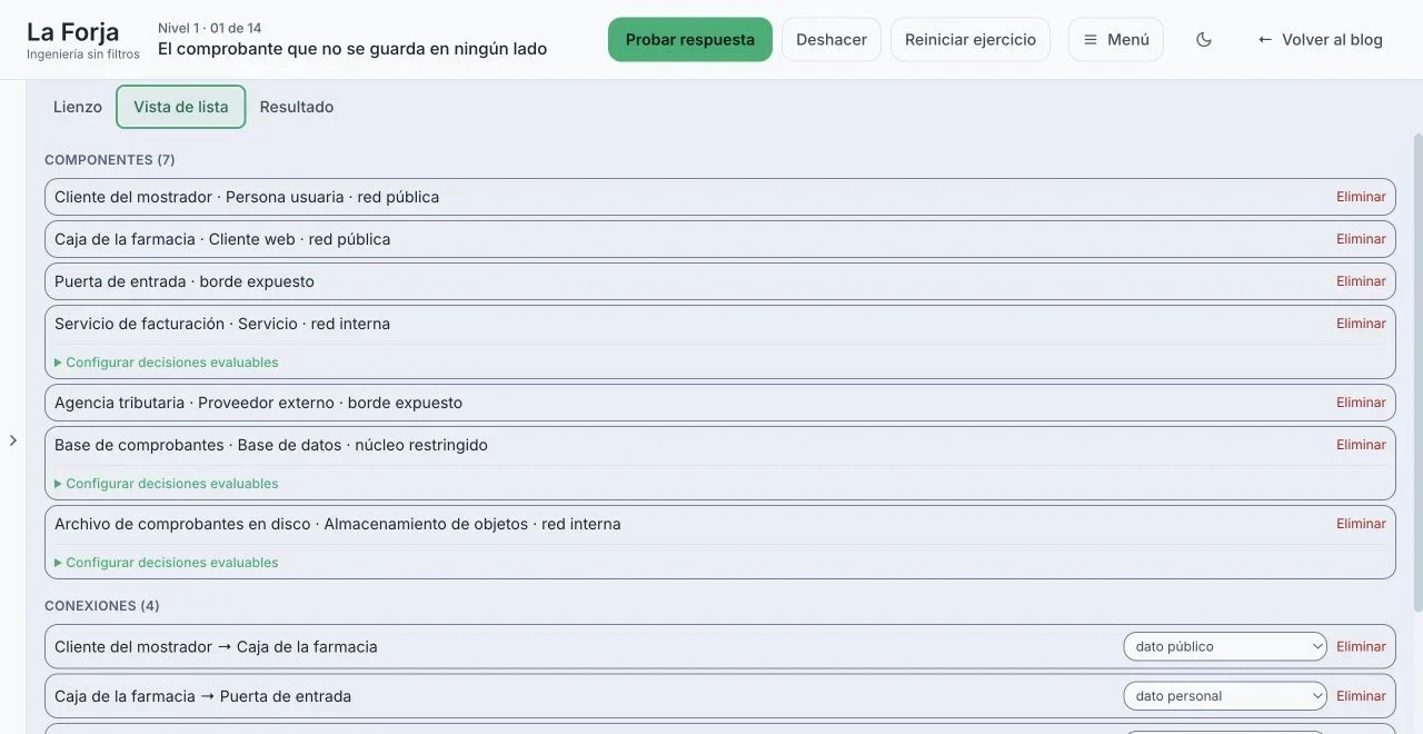 Vista de lista real de La Forja con componentes, conexiones y decisiones configurables